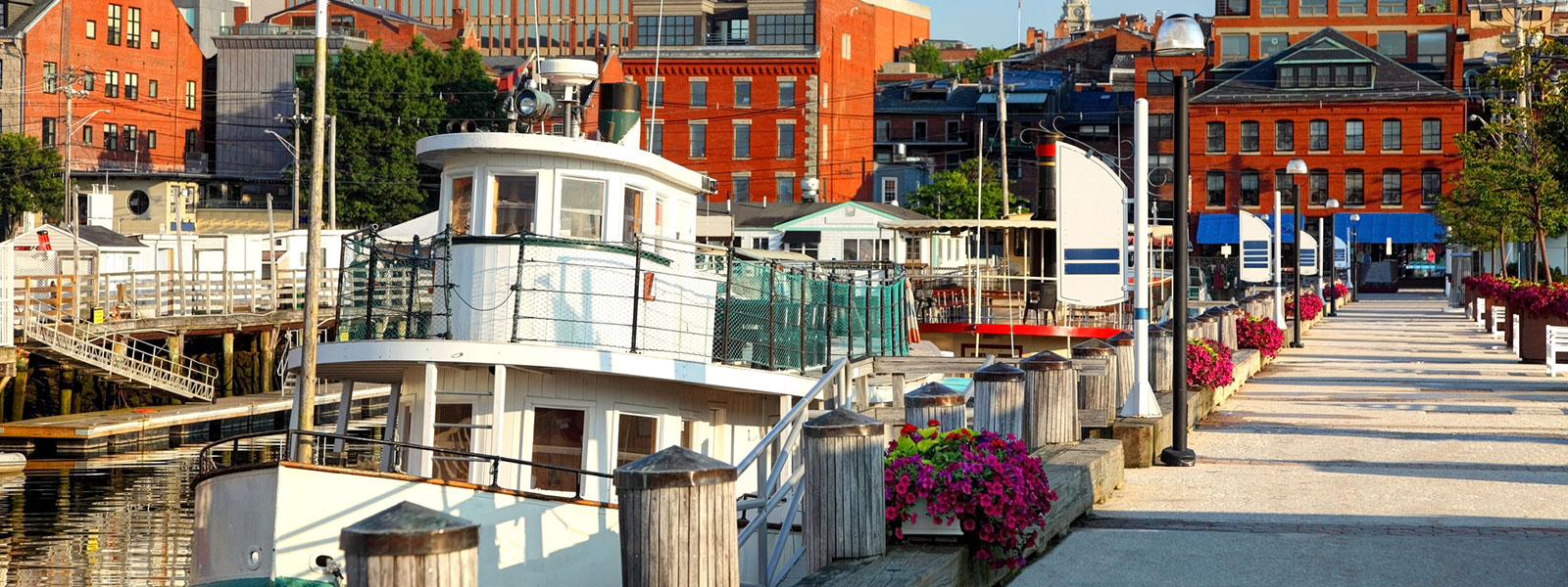 port of portland, maine with beautiful flowers and historic architecture