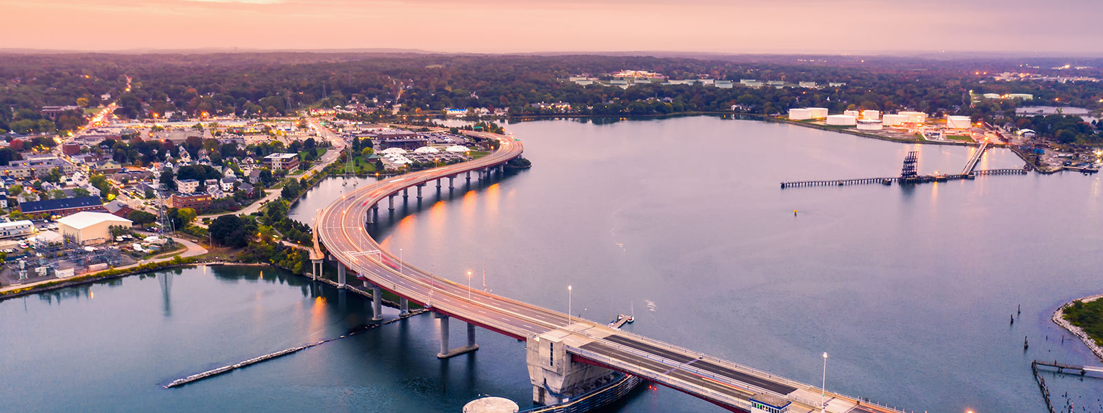 highway and beautiful portland, maine skyline